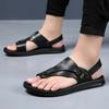 Men's Trendy Leather Sandals Flip Flops Casual Sandals Summer Breathable Sandals for Men Non Slip Beach Slippers Comfortable Flats Sandals
