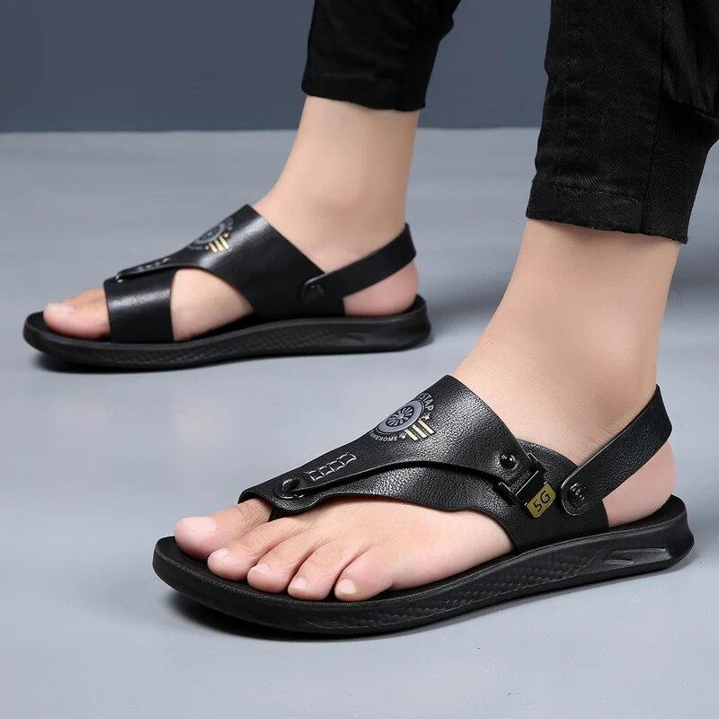 Men's Trendy Leather Sandals Flip Flops Casual Sandals Summer Breathable Sandals for Men Non Slip Beach Slippers Comfortable Flats Sandals
