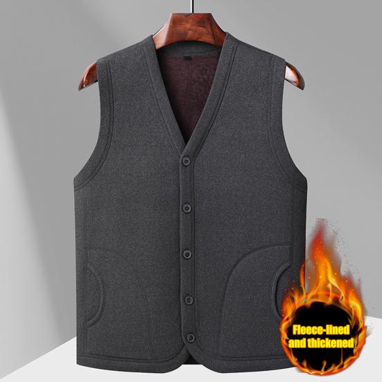 Men Vest Coat V-Neck Sleeveless Single Breasted Waistcoat with Pockets Solid Color Thickened Velvet Lining Coldproof Vest