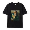 Casual Mona Lisa Counting Money Print Short Sleeve Crew Neck Spring T-Shirt