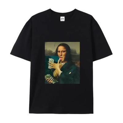 Lässiges Mona Lisa Geldzählen Print Kurzarm Rundhals Frühling T-Shirt
