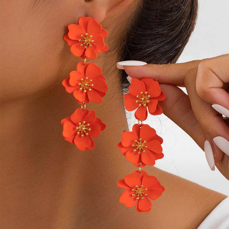Korean Colorful Enamel Flower Drop Earrings for Women Retro Metal Long Floral Temperament Earrings Zircon Holiday Party Gift