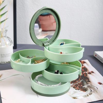 Jewelry Storage Box Plastic Moisture-Proof 360-Degree Organizer with Built-In Rotation Jewelry Multi-Layer Dustproof Mirror