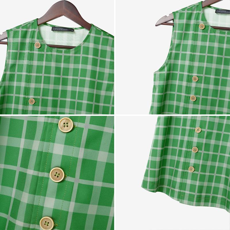 ZANZEA Women Casual Round Neck Summer Sleeveless Plaid Tank Tops