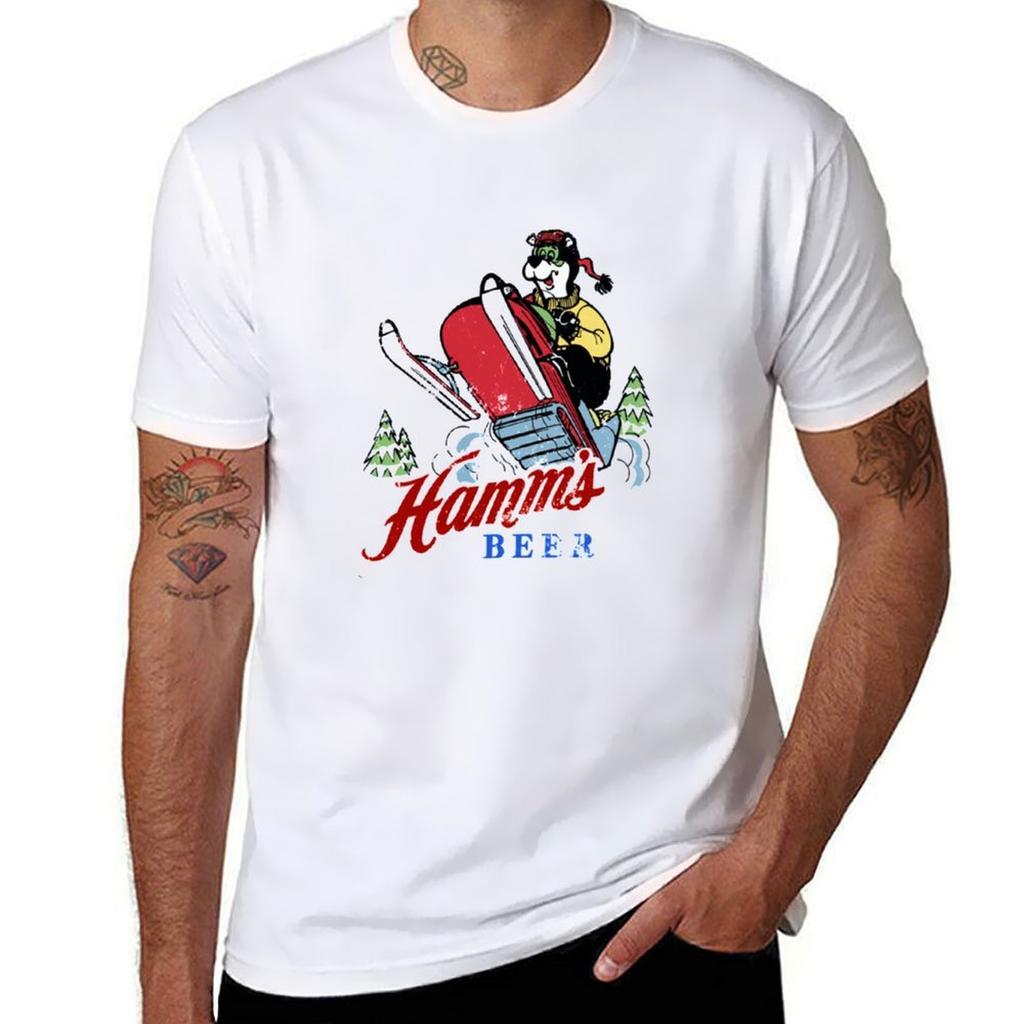Hamms Beer Snowmobile T-Shirt Basic Solid Color Short Sleeve Cotton Top