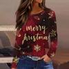 Women's Fashion Casual Slit Hem Round Neck Long Sleeve Loose Christmas Printed T-Shirt Ladies Top