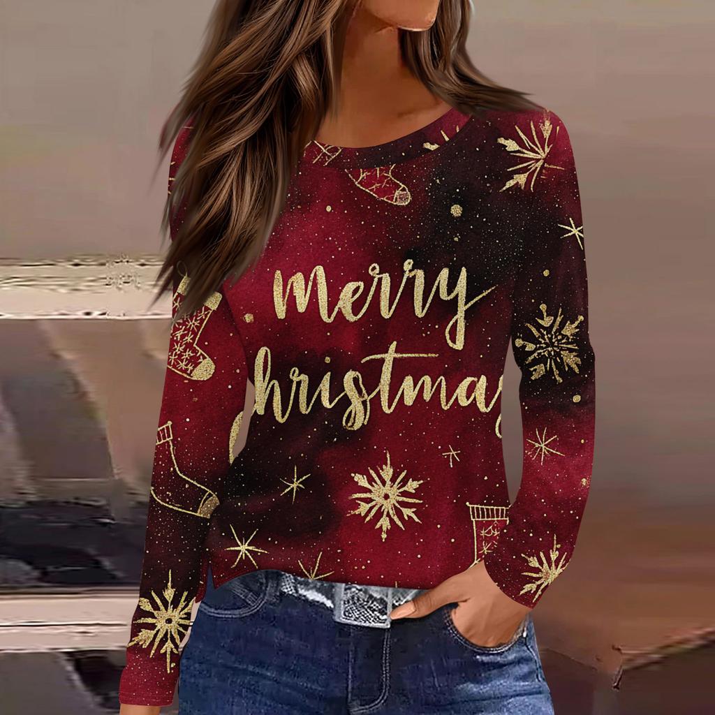 Women's Fashion Casual Slit Hem Round Neck Long Sleeve Loose Christmas Printed T-Shirt Ladies Top