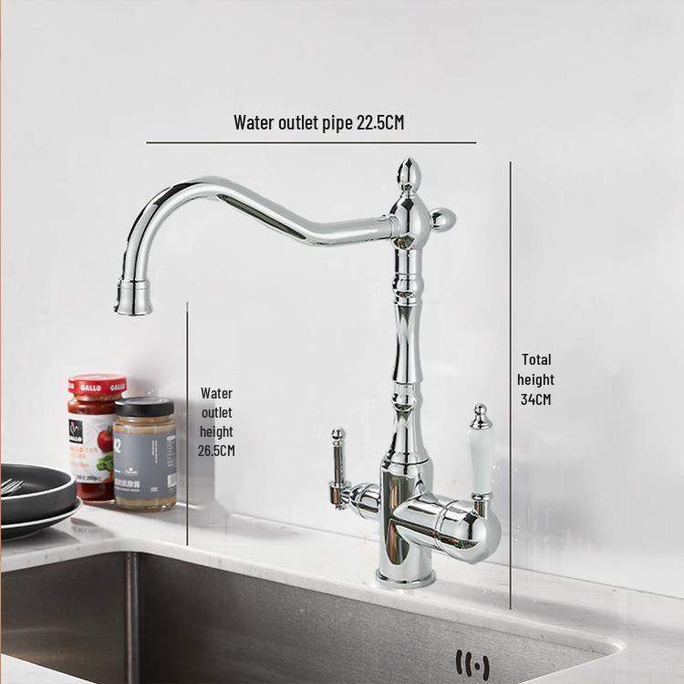 Antique Gold All-Copper 3-in-1 Kitchen Faucet: Hot/Cold Water for Sink & Vegetable Wash Basin, Splash-Proof Design