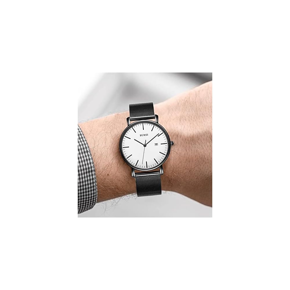 BUREI Men's Analog Watch Waterproof Simple Milanese Mesh Strap White Black