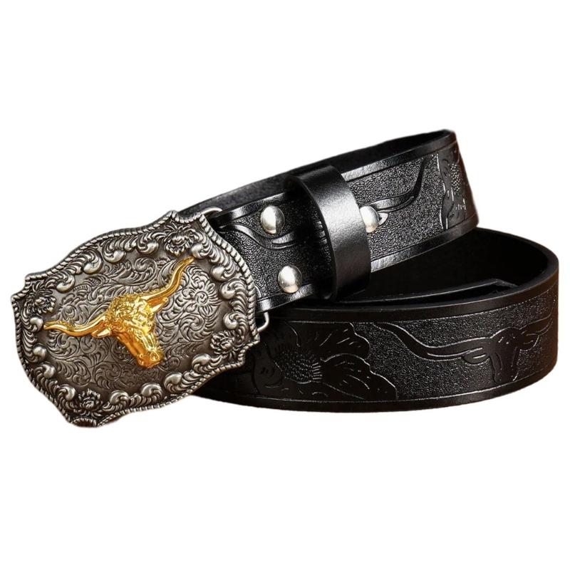Women Western Belt Engraved Bull Metal Buckle Pants Belt Unisex Cowgirl Belt