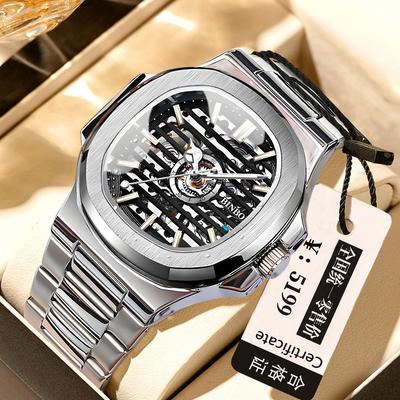 Binbang Black Technology Men's Stainless Steel Automatic Skeleton Watch with Luminous Dial
