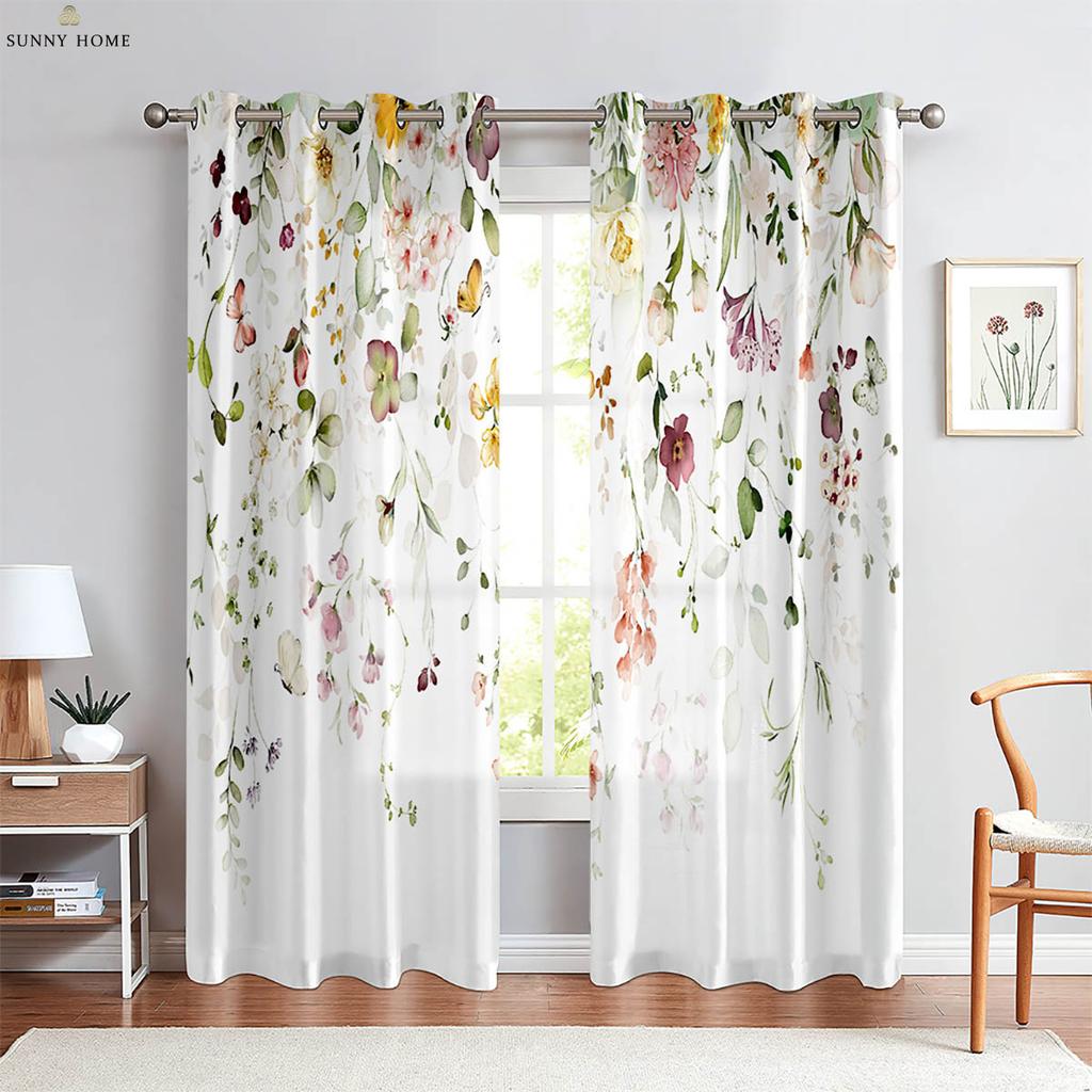 Window Curtains Floral Butterfly Print Curtains Pastoral Style Bedroom Living Room Kitchen Decorative Curtains 2 Pieces