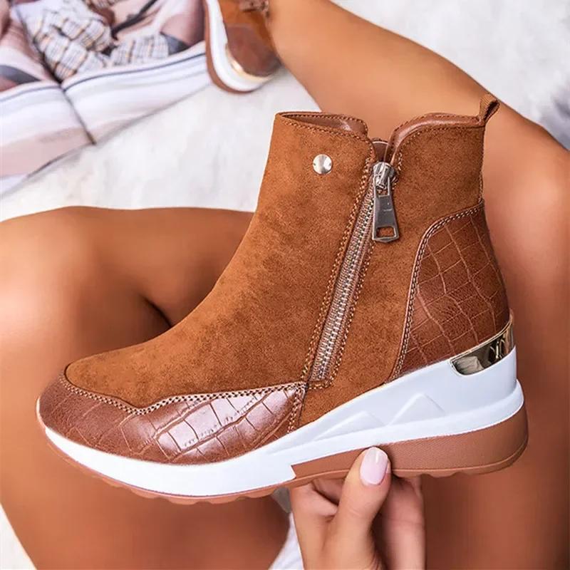 Fashion Shoes Women Sneakers Plus Size 43 Wedges Heels Ladies Ankle Boots Casual Shoes Non-slip Zipper Leather Female Footwear