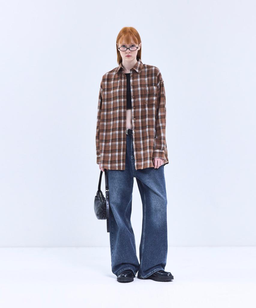 VIVABROWN 85-Viva068 House Forest Oversized Pocket Long Sleeve Check Shirt Brown