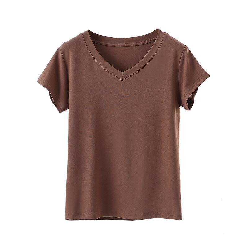 Women's Summer 2025 Slimming Solid V-Neck Short Sleeve T-Shirt - Casual, Versatile and Stylish