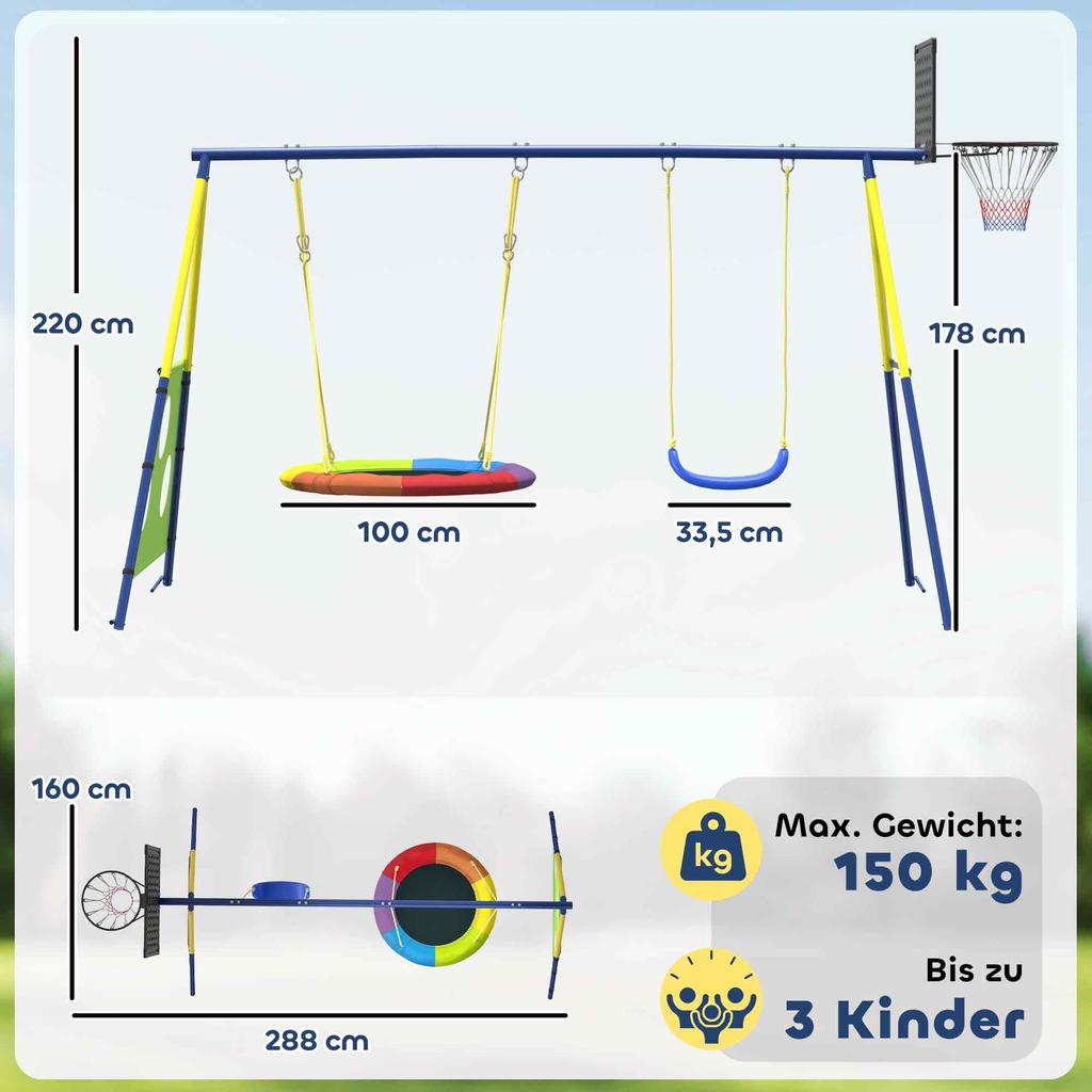 4-in-1 Kids Swing Set with Saucer Swing, Basketball Hoop and Football Goal, Outdoor Playground Playset for Garden
