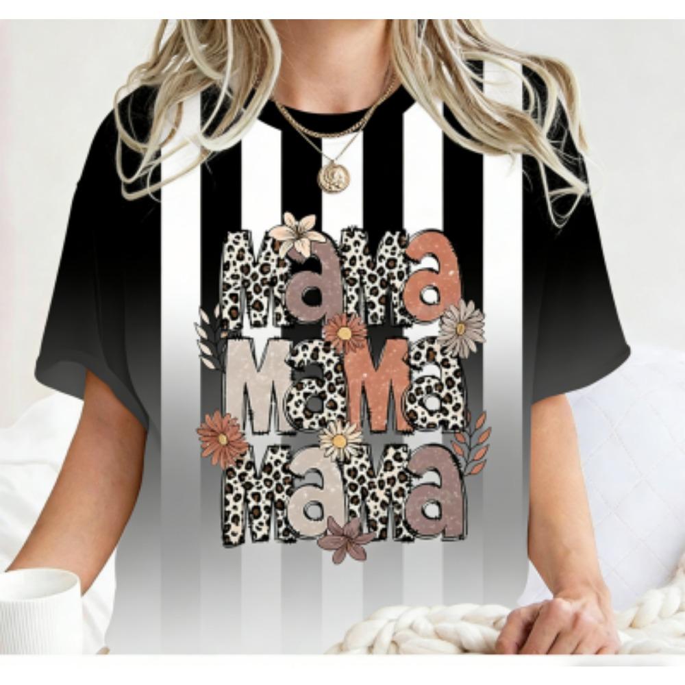 Funny Leopard Letter Mama Flower Print Kids Short Sleeves T-Shirt Loose Casual Summer Outdoor Street Boy and Girl Tees Tops