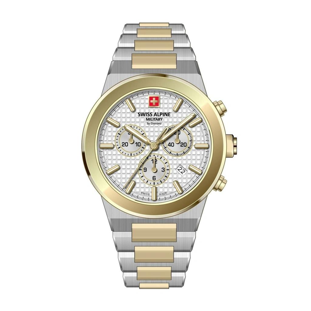 Swiss Alpine Military Pioneer Chronograph Two Tone Stainless Steel Silver Dial Quartz 7048.9142 100M Men's Watch