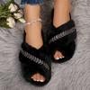 Fashion Crystal Decor Faux Fur Slippers Women Autumn Winter Cross Band Home Slides Woman Comfort Flat Solt Plush Slippers Female