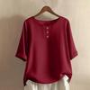 Dames O-hals Blouse met Driekwartmouwen Losse Pasvorm Casual Katoen Linnen Top Effen Kleur Knopen Henley Top