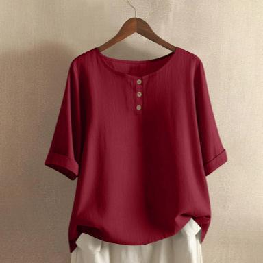 Dames O-hals Blouse met Driekwartmouwen Losse Pasvorm Casual Katoen Linnen Top Effen Kleur Knopen Henley Top