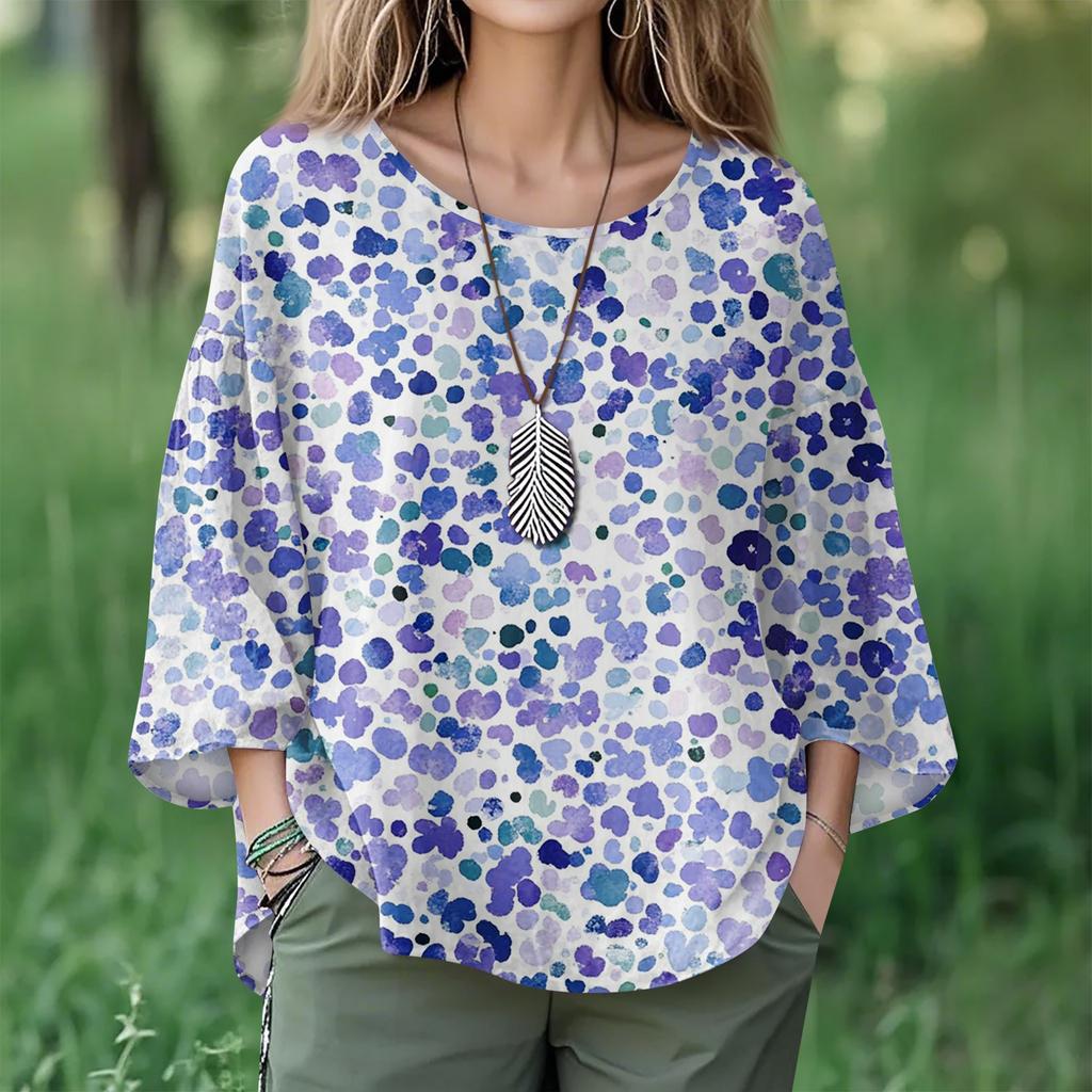 Summer Tops For Women Cute O Neck 3/4 Sleeve Blouses Floral Print Top Casual Shirts