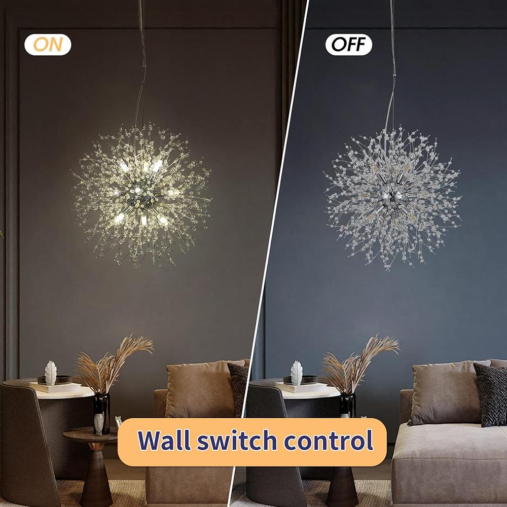 Modern Crystal Chandeliers Firework, Non-dimmable, 9-Light Chrome Dandelion Sputnik Ceiling Light Fixtures, for Bedroom Living Room