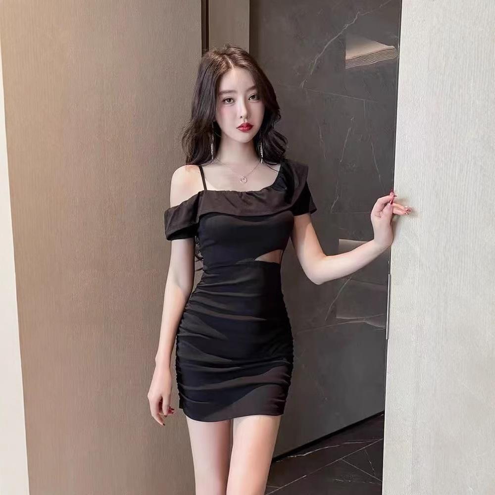 Feminine Slanted Shoulders, Waist Exposed, Sexy Dress, All Kinds of Style, Ruffle Leaf Edge Scheming, Off-shoulder Tight, Hip-wrapped Skirt, Summer