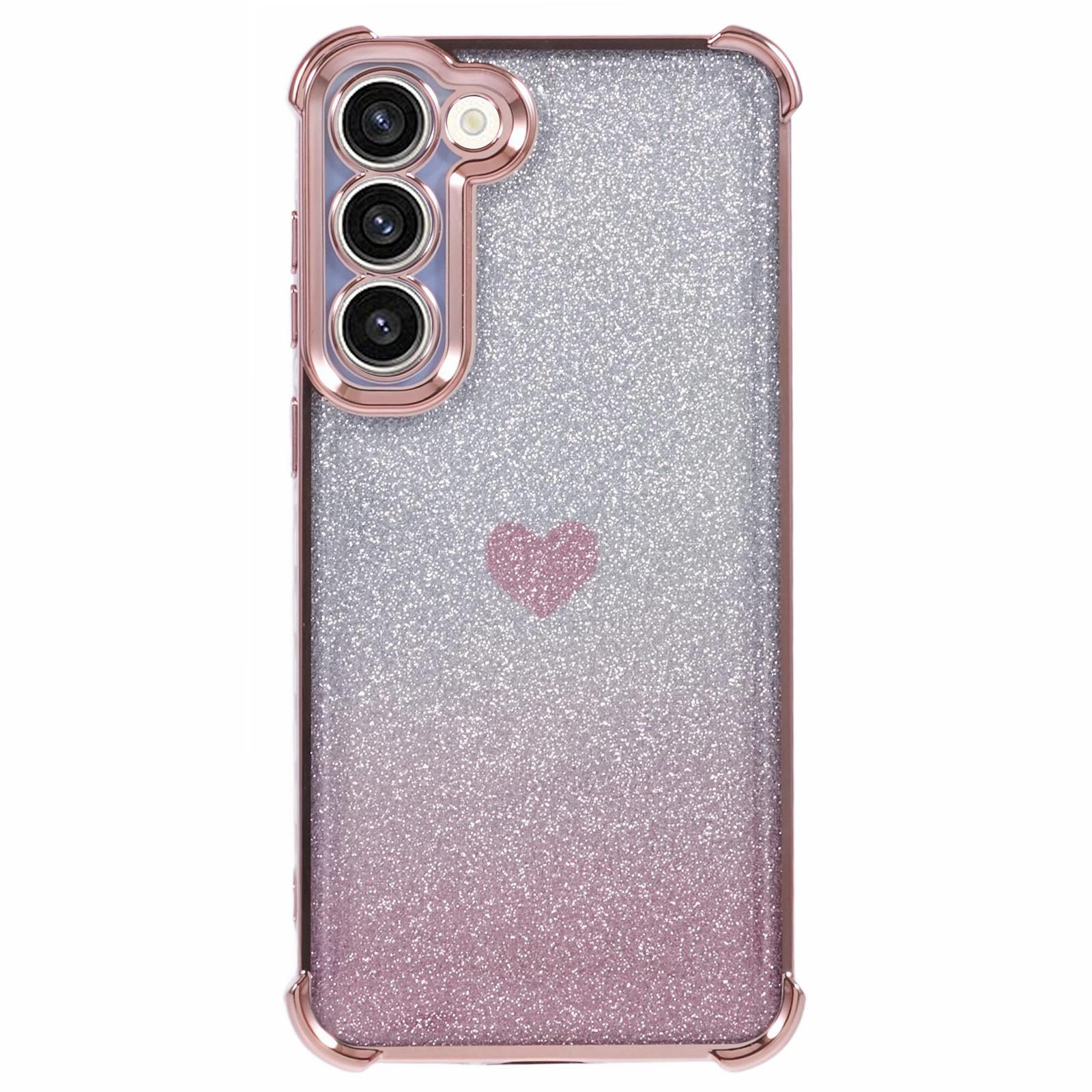 

For Samsung Galaxy S23+ Case Glitter Gradient TPU Phone Cover Heart Pattern Reinforced Corners Pink