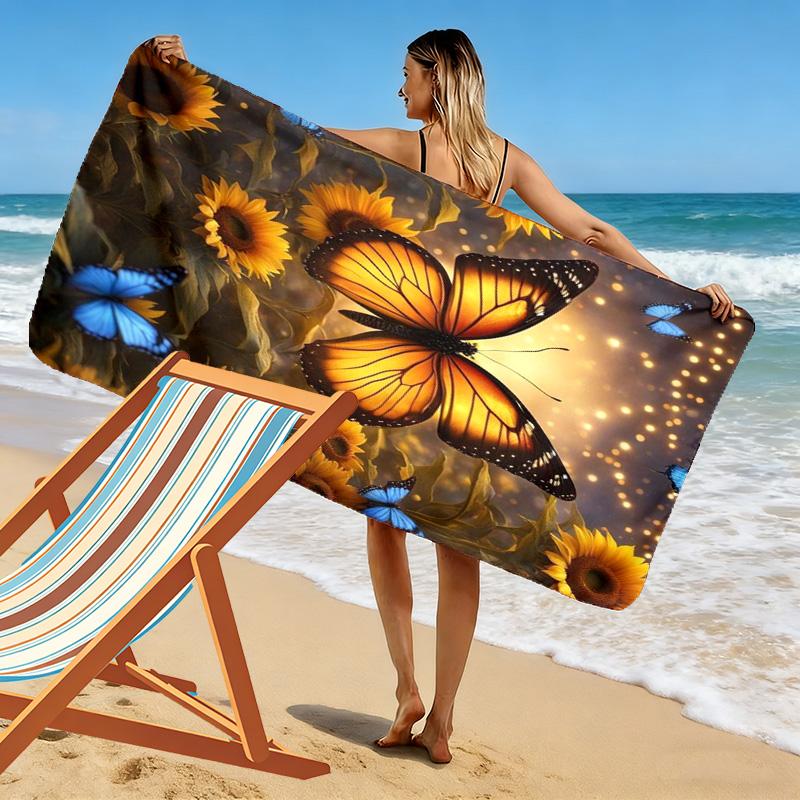 Sunflower and Butterfly 2D Flat Print Beach Towel, Large Soft Quick Dry Towel for Beach Camping Swimming.MSTJ0918517