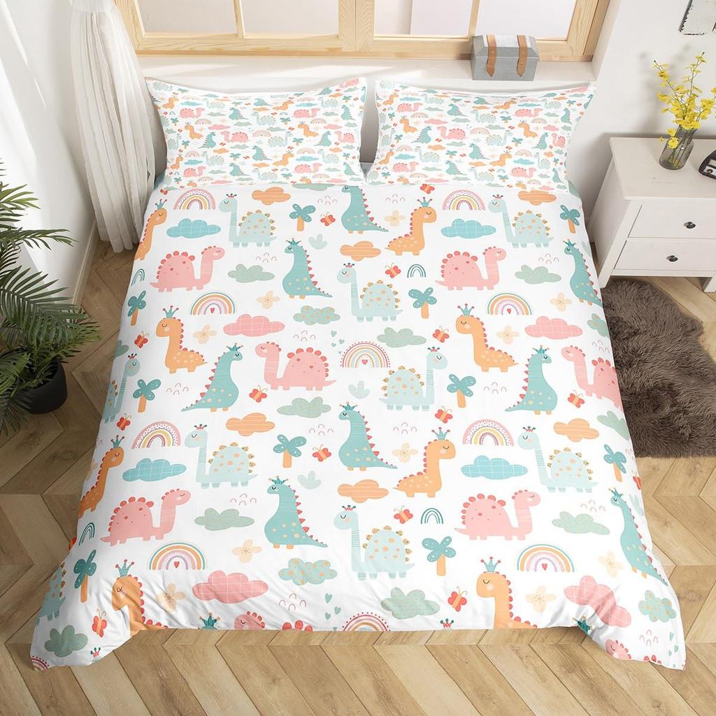 Cute Dinosaur Duvet Cover King Queen Kawaii Cartoon Wild Dino Bedding Set For Kids Boys Girls Jungle Animals Comforter Cover