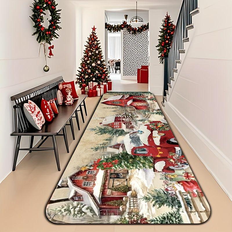 Christmas Runner Rug Red Truck Farm House Winter Scene Print Non Slip Washable Mat Hallway Entryway Winter Decor