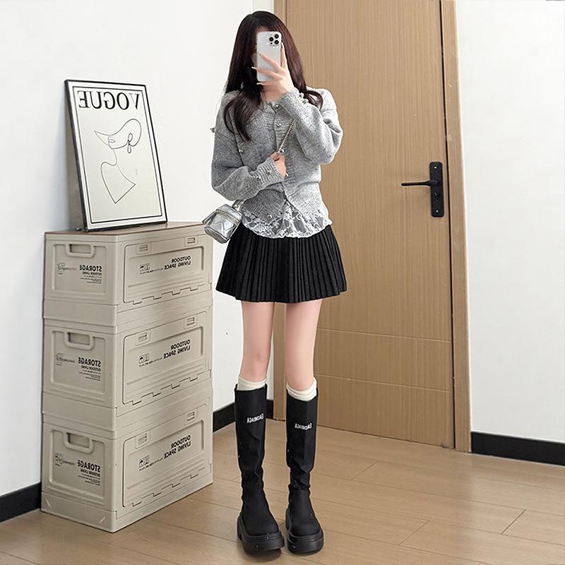 2026 New Petite Women's Grey Woolen A-line Pleated Short Skirt - Fluffy & Slimming Spring Style