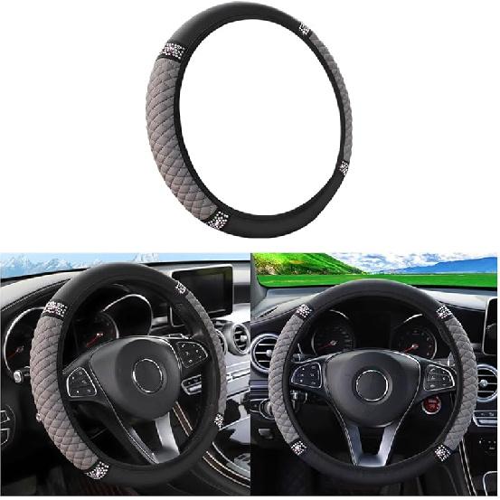Bling Soft Leather Steering Wheel Cover, 15 Inch Colorful Rhinestones Auto Elastic Steering Wheel Protector, Sparkly Crystal Diamond For Women Girls,