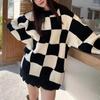 Checkerboard sweater vintage style, color-blocking, loose crew neck pullover sweater for women, autumn and winter high-end fashion