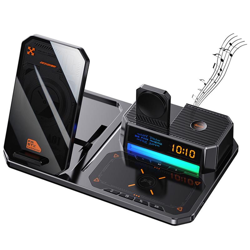 

T50 5-in-1 Magnetic Wireless Charger Phone Watch Earphone Charging Stand with Clock Speaker Black