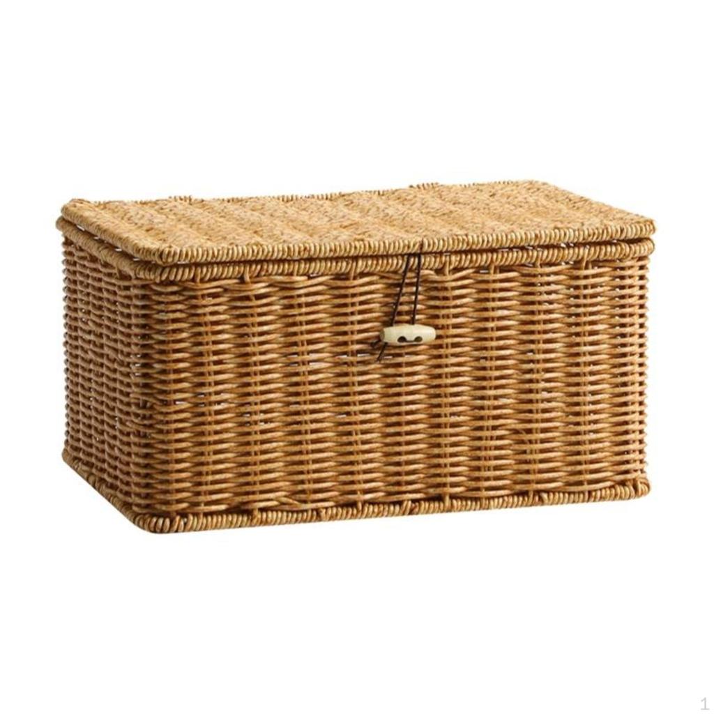 Woven Rattan Storage Box with Lid, Stackable Organizer Basket for Desktop, Closet, Office Dark