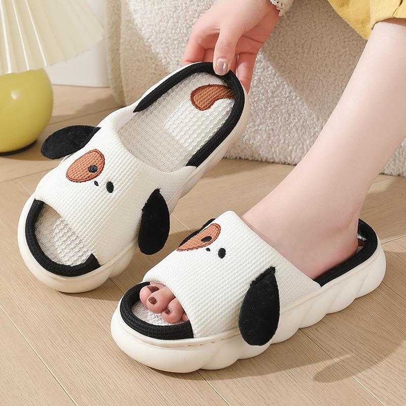 Linen slippers cute puppy cotton and linen four-season slippers couple soft bottom non-slip sweat-absorbing slippers