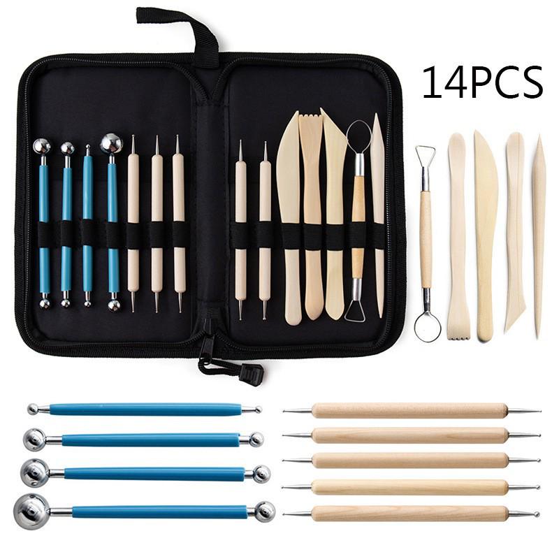 14-Piece Pottery Tool Set for Polymer & Stone Clay: Sculpting Knives, Silicone Double-Ended Dotting & Embossing Pens