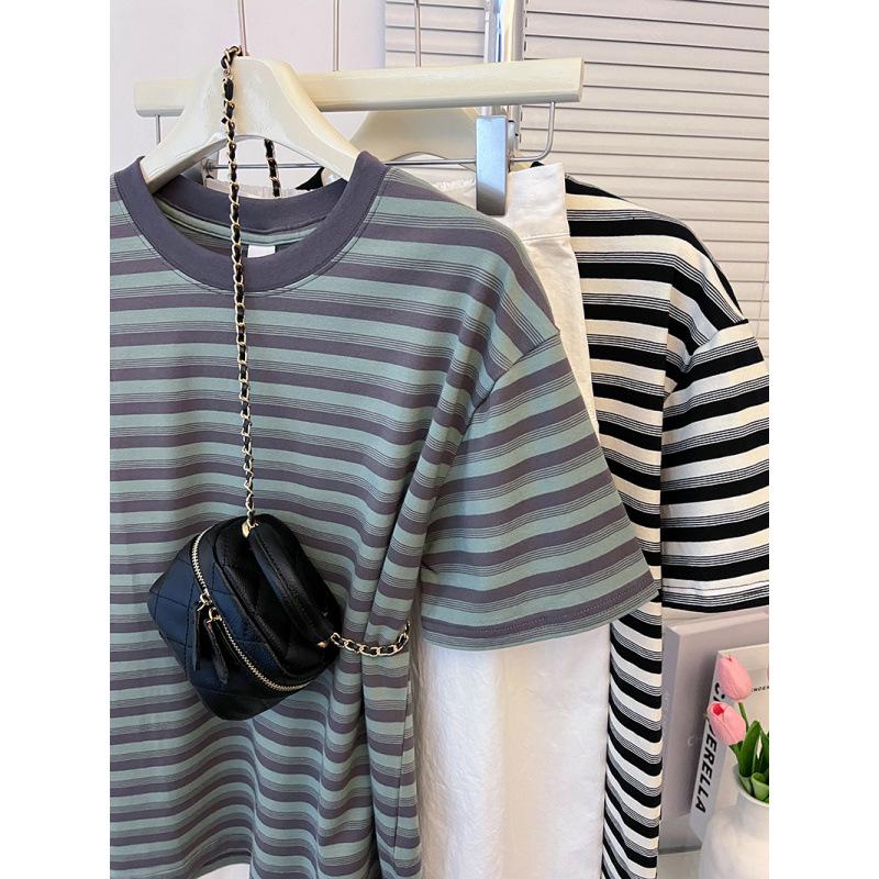 European large striped short-sleeve T-shirt for women, summer fashion Korean versatile loose plus-size slimming half-sleeve T-shirt top