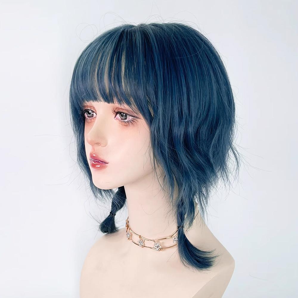 Blue Synthetic Mullet Head Wig with Bangs Short Straight Lolita Anime Cosplay Fluffy Hair Wig for Daily Party
