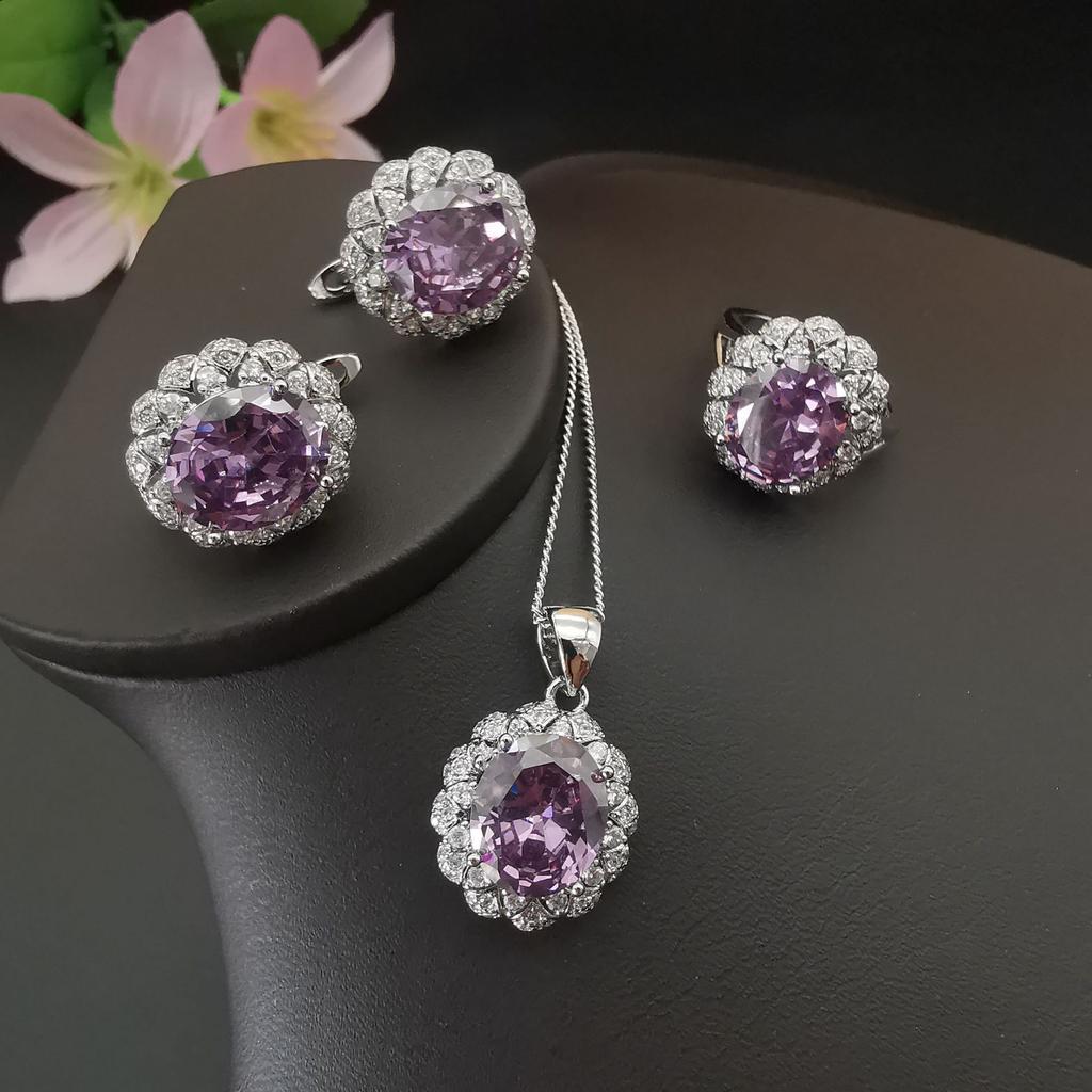 Personalisierter Modeschmuck Platinplattiert Amethyst Zirkon Halskette Ohrringe Ringe