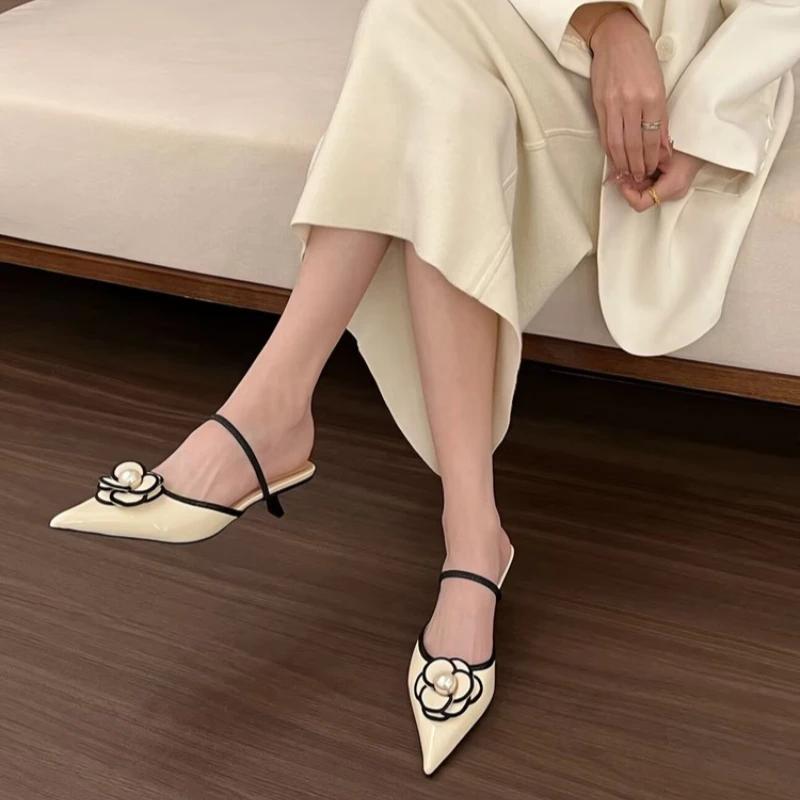 Luxury Pointed Toe Heels Designer Flower Sandals Female Elegant Fashion Shallow Mule Slippers Shoes Women's Sandals Summer 2025