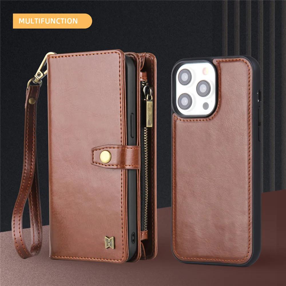 2 in 1 Detachable Cards Solt Zipper Purse Wallet Case For iPhone 16 Pro Max 15 14 Plus 13 12 11 XS X Magnetic Flip Leather Case