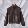 Womens Vintage Inspired Bomber Jacket PU Leather Long Sleeve Loose Fit Streetwear Outerwear