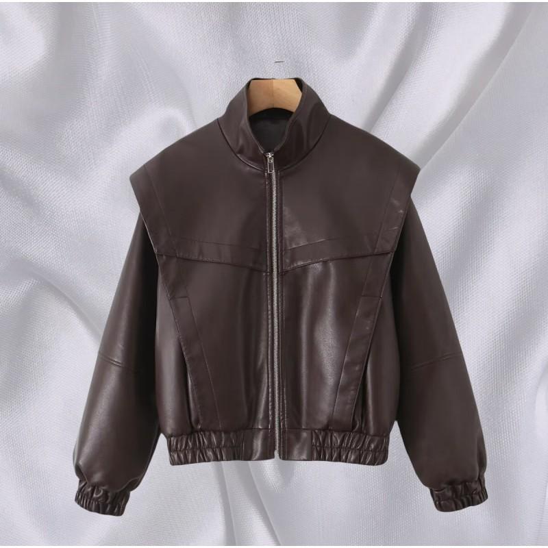 Womens Vintage Inspired Bomber Jacket PU Leather Long Sleeve Loose Fit Streetwear Outerwear