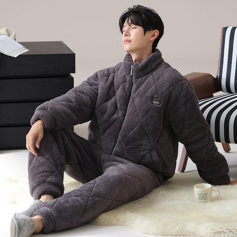 Pajamas Men'S Winter Velvet Winter Warm Three-Layer Thickened Padded Jacket Coral Fleece Loungewear Set Winter