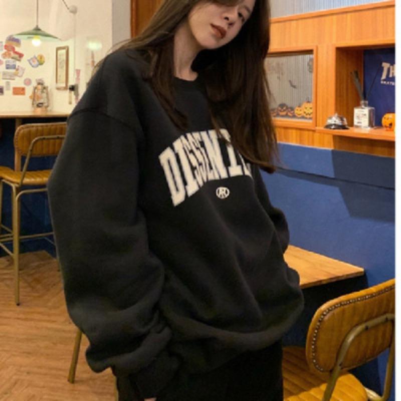 

Тонкий свитшот женский осенний новый корейский стиль круглый вырез с буквенным принтом свободные студенческие топы и куртки женский модный простой стиль 2XL