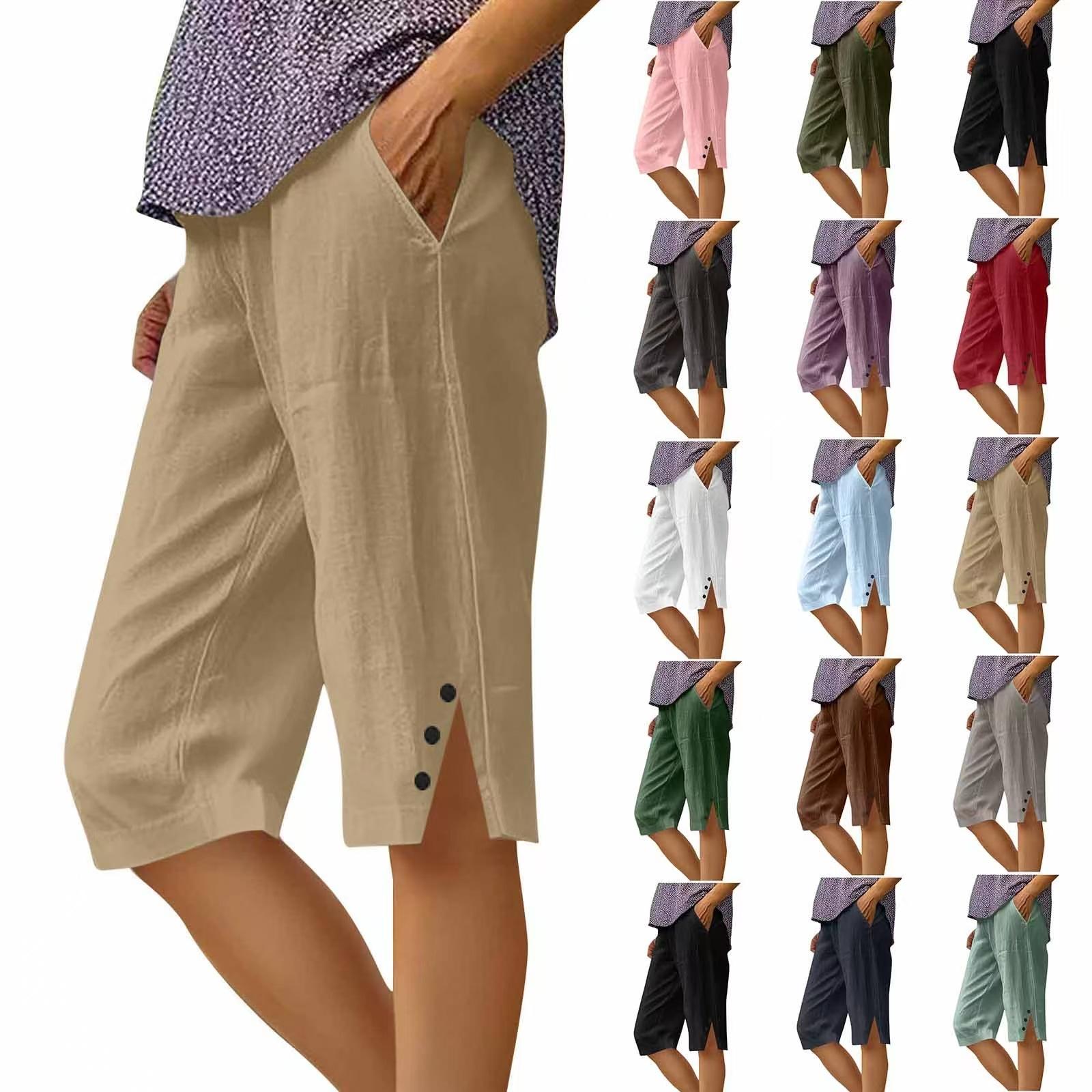 

Women s Casual Khaki 1/2 Pants with Side Buttons, Multi-Color Options (Purple, Pink, Green, Black, Red, White) 4X зелений