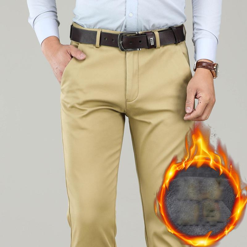 2024 Winter Plush Thick Pants Loose Business Casual Pants Men'S Slimming High Waist Straight Stretch Pants